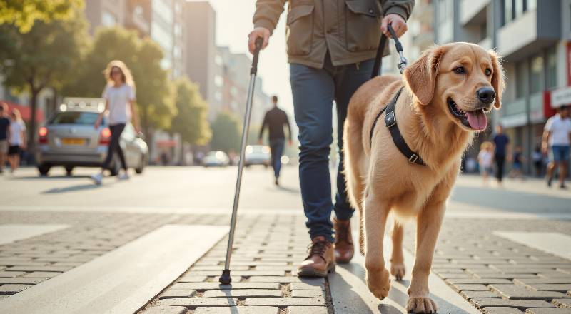 Blind person in public with guide dog